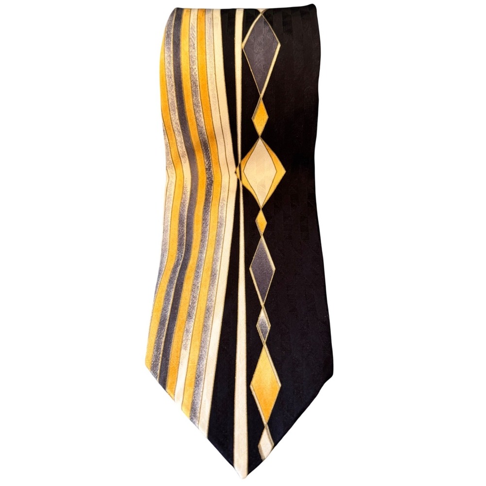 Vintage Valentino Rudy Italy 100% Silk Tie Black Gold Geometric Art Déco